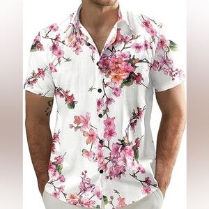 Floral White and Pink Men's Casual Button Down Shirt
